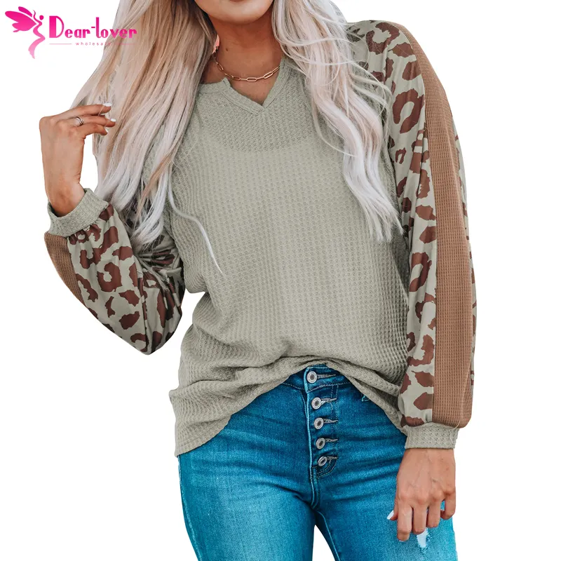 Dear-Lover Fall Women Clothing Fashionable Long Sleeve Leopard Print Waffle Knit Tops For Women