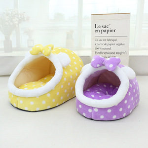 Lit pour animaux de compagnie à pois avec nœud papillon, forme ovale, maison douce pour chats et chatons, nid chaud pour l'automne et l'hiver - Product Image 3