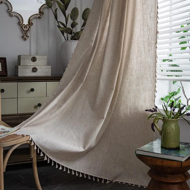 Popular Farmhouse Style Cotton Linen Darkening Curtains with Tassel Rod Pocket Window Drapes for Dining Living Bedroom