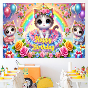 Toile de fond avec des motifs de chats mignons, affiche, gâteau, thème animal, décoration de fête d'anniversaire, bannière, toile de fond, arrière-plan - Product Image 5