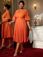 Robe décontractée d'été mi-longue plissée à col en V en dentelle à manches courtes AM050335 pour femme, tendance, orange