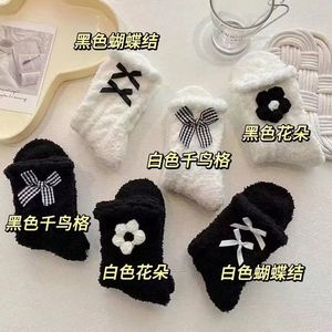 Women's Fleece Lined Thick Mid Calf <b>Socks</b> With Bow And Flower Warm <b>Winter</b> Black White Coral Fleece <b>Socks</b> - Product Image 3
