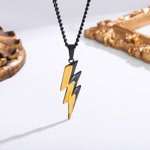 <b>Mens</b> Lightning Pendant Necklace Stainless Steel Gold Silver Two Tone Curb <b>Chain</b> Punk Hip Hop Fashion Jewelry Non Tarnish Gift - Product Image 3