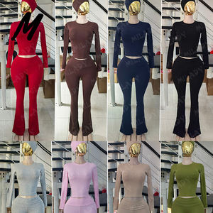 2025 комплект из 2 предметов с логотипом на заказ на осень-зиму, женская одежда, повседневная одежда с длинным рукавом, топ и расклешенные брюки, хлопковые комплекты одежды для дома - Product Image 3