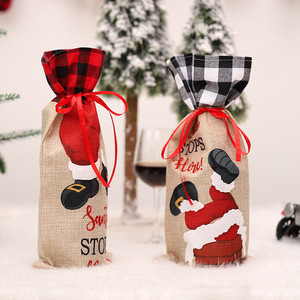Copribottiglia Natalizio Creativo a Forma di Camino di Babbo <span class=keywords><strong>Natale</strong></span>, Design a Quadri Rosso e Nero in Lino per Champagne e Vino, Decorazioni da Tavola - Product Image 1