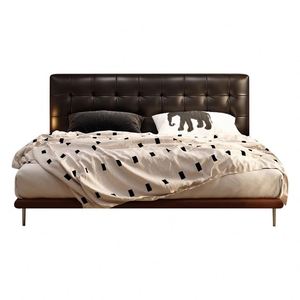 Black Waffle Leather Bed Traditional Chinese Style Solid Wood <b>Double</b> Bed Light Luxury, Modern Simple Ultra-thin Headboard - Product Image 1