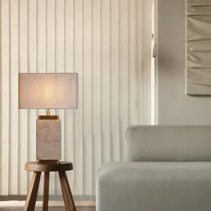 Lampu meja kain bulat Modern, gaya sederhana samping tempat tidur batu Travertine persegi panjang