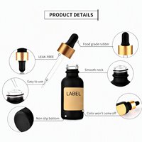 Flacon compte-gouttes en verre noir mat pour huile à barbe, sérum ou huile essentielle, avec compte-gouttes doré, disponible en 10ml, 15ml, 30ml, 50ml, 100ml