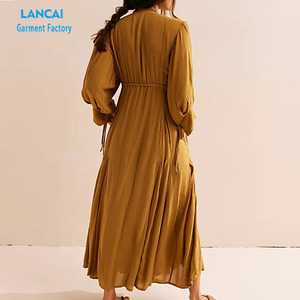 Élégant personnalisé couleur unie profonde col en V lin réglable taille élastique manchette femmes Maxi avec rassemblement manches trois-quarts - Product Image 2