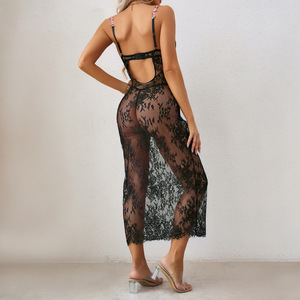 Nouvelle Robe de Nuit Sexy en Dentelle, Dos Nu, Transparente, Tentation, Robe Moulante à Bretelles Florales, Ensemble 2 Pièces avec String pour Femme - Product Image 6