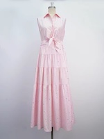 Robe chemise longue en coton français rose pâle ornée de strass, sans manches, cintrée, style jeune et élégant pour l'été
