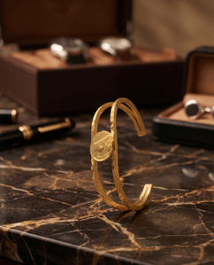 DIVYORO Heritage Coin Emblem Gold Plated Kada for <b>Men</b> Stylish Designer Bracelet Premium Gold Finish Open Cuff Fashion Jewelry - Product Image 1