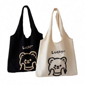 <b>Cute</b> <b>Bear</b> Towel Embroidered Cotton Tote Bag Reusable Large Capacity Student Canvas Shoulder Shopping Bag - Product Image 1