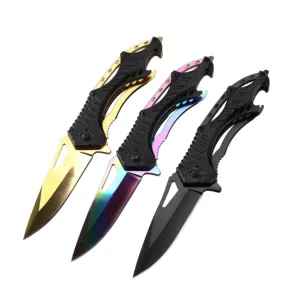 Good Quality Aluminum Handle Tactical Hunting Survival Folding Knife Pocket Knives with Black Rainbow Yellow Color Blade