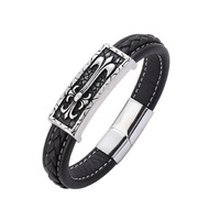 Gelang Kulit Pria dengan Gesper Magnetik, Anyaman, Aksesoris Rantai Tangan Motif Bunga Salib Vintage