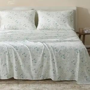 Conjunto de lençóis retrô confortável 100% algodão Queen com estampa floral azul