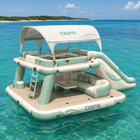 Île flottante gonflable haut de gamme pour lac avec comptoir de bar, canapé lounge et auvent d'ombrage pour les loisirs en famille, la plage et les centres de villégiature