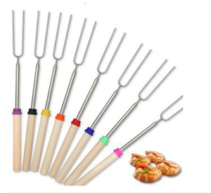 U Shape Wooden Handle Barbecue Fork Sausages Hot Dogs Roasting Stick Telescopic Marshmallow Roasting Sticks Telescopic Fork - Product Image 1