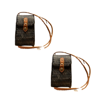Bolso cruzado de ratán negro tejido a mano Lombok con correa de cuero, bolso artesanal de mimbre tradicional indonesio elegante y Delgado - Product Image 6