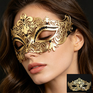 Masque de mascarade pour femme, accessoire de fête d'Halloween, demi-masque doré pour adulte, en métal ajouré avec strass incrustés - Product Image 4