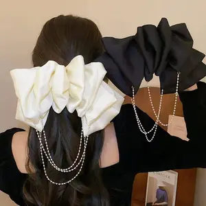 Supergroßer Bowknot Netz Perlenkette Tassel-Haarclip französischer Stil Leichter Luxus-Frühjahrs-Bogen-Clip für Damen