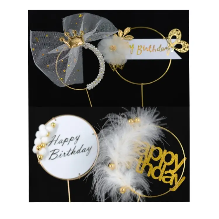 Nuovo arrivo design happy birthday topper in metallo con toppers a farfalla in rete e perle per decorazioni per torte