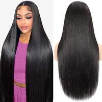 Perruque sans colle transparente 13x4, densité 180%, cheveux humains vierges brésiliens 100% raides, pré-épilée, petite taille, vente en gros