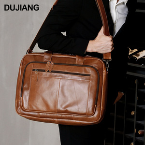 Dujiang Genuine Leather Men's <b>Briefcase</b> 17 Inch Business Travel Laptop Bag Durable Solid Color - Product Image 2