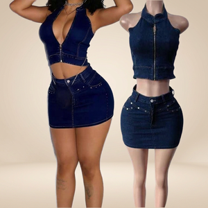 New Summer Streetwear Skinny <b>Denim</b> Spandex/Cotton <b>Stretch</b> Skirt Set CN88694 Hot-Selling Halter Neck Backless Slim-Fit Chemical - Product Image 4
