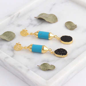 Black Sugar Druzy & Blue Turquoise 18K Gold Plated Brass <b>Drop</b> Earrings Neo-Gothic Statement Jewelry for Women - Product Image 6