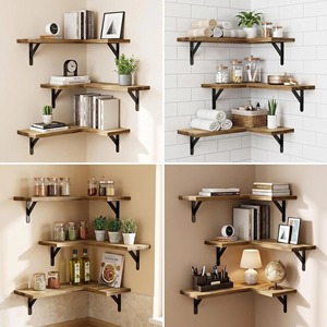 L Shaped <b>Wall</b> Shelf Wood And Iron <b>Corner</b> Bookshelf For Living Room Storage Organization - Product Image 3