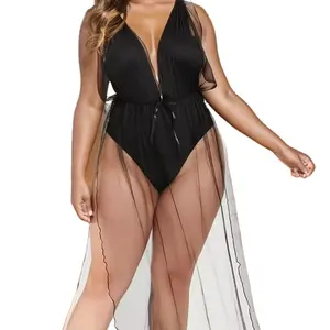 Nueva moda caliente negro de talla grande ropa interior de encaje largo para mujeres gordas Sexy Body Día de San Valentín usando