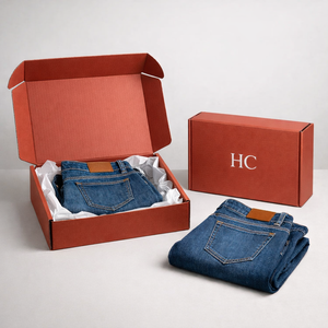 Boîte d'expédition en carton ondulé pour vêtements en jean, boîte d'expédition autobloquante en B flute, logo personnalisé, vente en gros - Product Image 1