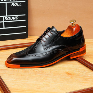 Chaussures derby en cuir véritable brillant, cuir de vachette pleine fleur pour homme avec semelle orange, style rétro britannique, chaussures en cuir décontractées pour affaires - Product Image 6