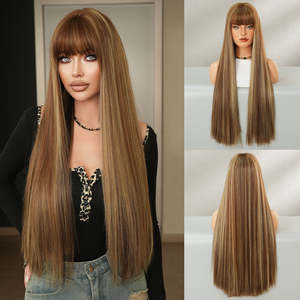 Peluca de Fibra Sintética Resistente al Calor de 28 Pulgadas, Extra Larga, Lisa, con Flequillo para Mujer, Color Rubio Miel, Aspecto Natural, Sin Pegamento - Product Image 1