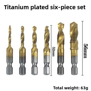 6pcs <b>Titanium</b> Coated Hss Tap <b>Drill</b> <b>Bits</b> Set Hex Shank Screw Thread <b>Bit</b> Screw Machine Compound Tap M3 M4 M5 M6 M8 M10 - Product Image 2