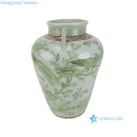 Vase à fleurs en céramique RXBP18-A, motif floral et d'oiseaux vert et blanc, décoration