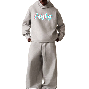 Gatsby Printed Hoodie Set Men Gray Cotton <b>French</b> Terry Casual Autumn Sweatshirt <b>Outfit</b> With Drawstring Pants - Product Image 1
