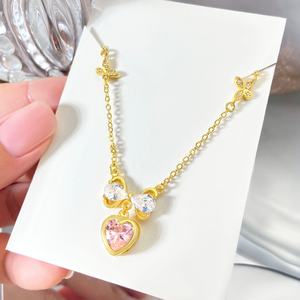 Collier pendentif en forme de cœur rose plaqué or avec zircone cubique de style coréen pour les filles amoureuses - Product Image 2