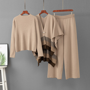 Stylish Striped Knitted 3 Piece Outfits Women Jacquard Shawl <b>Sweater</b> Loose Palazzo Pants Lightweight Casual Fall Wear - Product Image 2