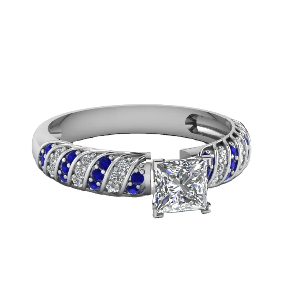 Los mejores Anillos De Compromiso personalizados, anillo de circón de corte princesa de plata 925, cinta trenzada, ajuste de pavé, anillo de diamante de zafiro azul