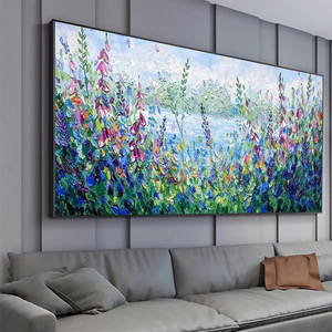 Pintura al óleo de paisaje impasto con flores silvestres y vista al lago, arte en lienzo con marco, estilo impresionista, decoración de pared interior - Product Image 3