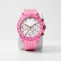 Montre chronographe analogique transparente rose personnalisée avec logo, directement de l'usine, pour femme, sport, quartz, bracelet en caoutchouc, strass, course automobile