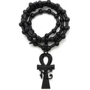 Egyptian Ankh Cross Pendant 6mm 30inch Black Wood Bead Chain Hip Hop Necklace