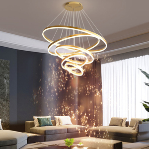 Lámpara Colgante LED Redonda Dorada Moderna, Altura Ajustable, Control Remoto, para Sala de Estar, Cuerpo de Aluminio, Luz Blanca Cálida 3500K - Product Image 4