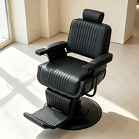 Fauteuil de Barbier Moderne Entièrement Noir en Cuir Cousu Verticalement pour la Coiffure et le Styling