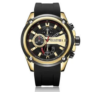 Custom Watches MEGIR 2086 Branded Gold Genuine Leather Strap 3 Dials Luminous Wrist Watch Waterproof Sports Chronograph Watch