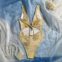 Maillot de bain une pièce pour femme, style européen et américain, col en V profond, design ajouré, sexy, effet métallique brillant, vêtements de plage