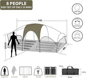 Tente spacieuse personnalisable pour 8 personnes, tente de camping imperméable de 3000 mm avec de grands fenêtres, conception à double couche pour le camping en famille - Product Image 6
