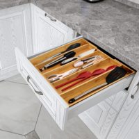 Organisateur de tiroir de cuisine en bambou pour ustensiles, couverts et gadgets, avec séparateurs